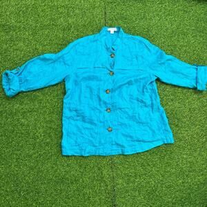 Coldwater Creek Turquoise Linen Button-Up Shirt